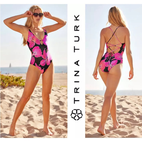 Trina Turk Women's Fleury One Piece Hot Pink Floral Plunge Neck Swimsuit Size 6 - Picture 1 of 14